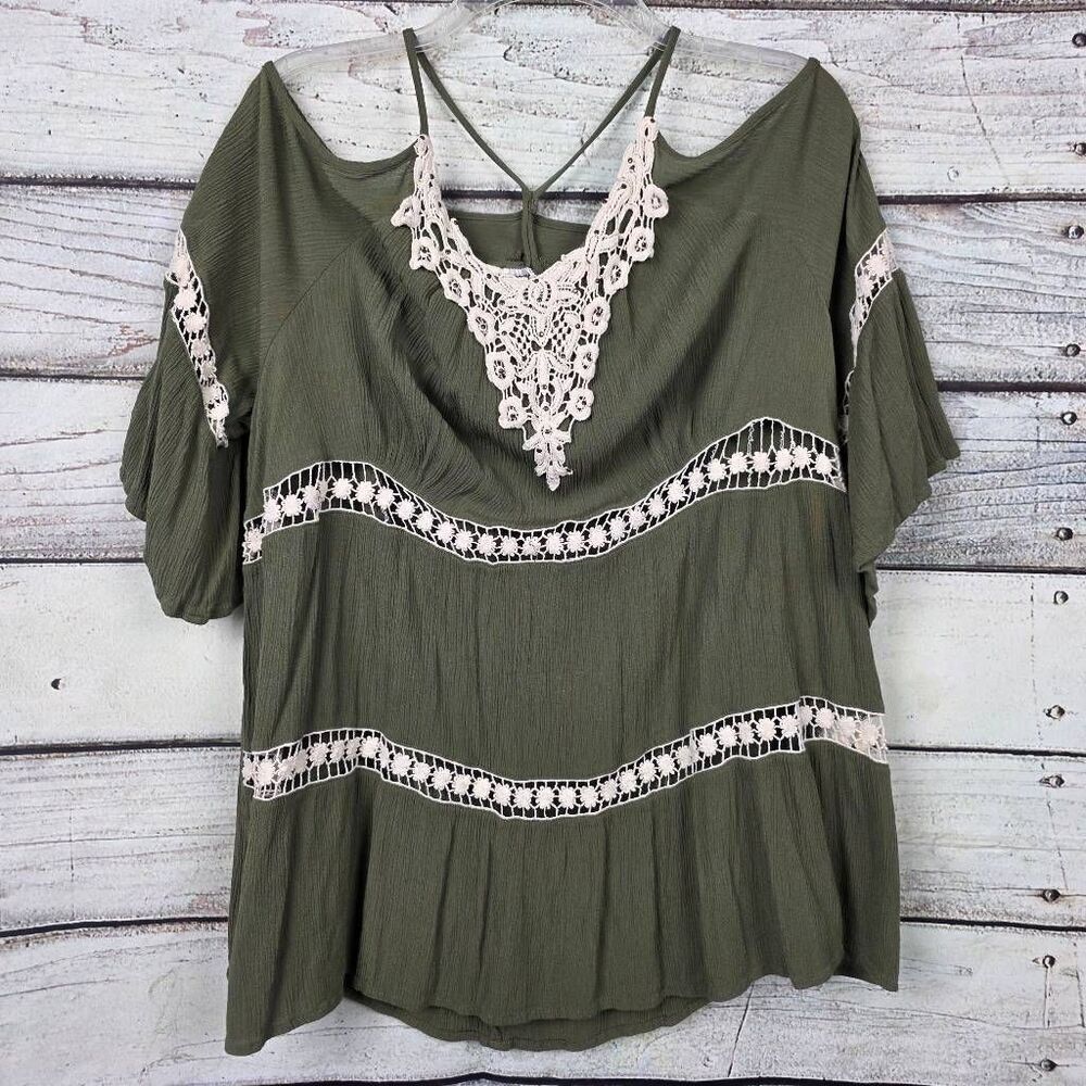Maurices Olive Green Lace Trim Boho Top Short Sleeve 2